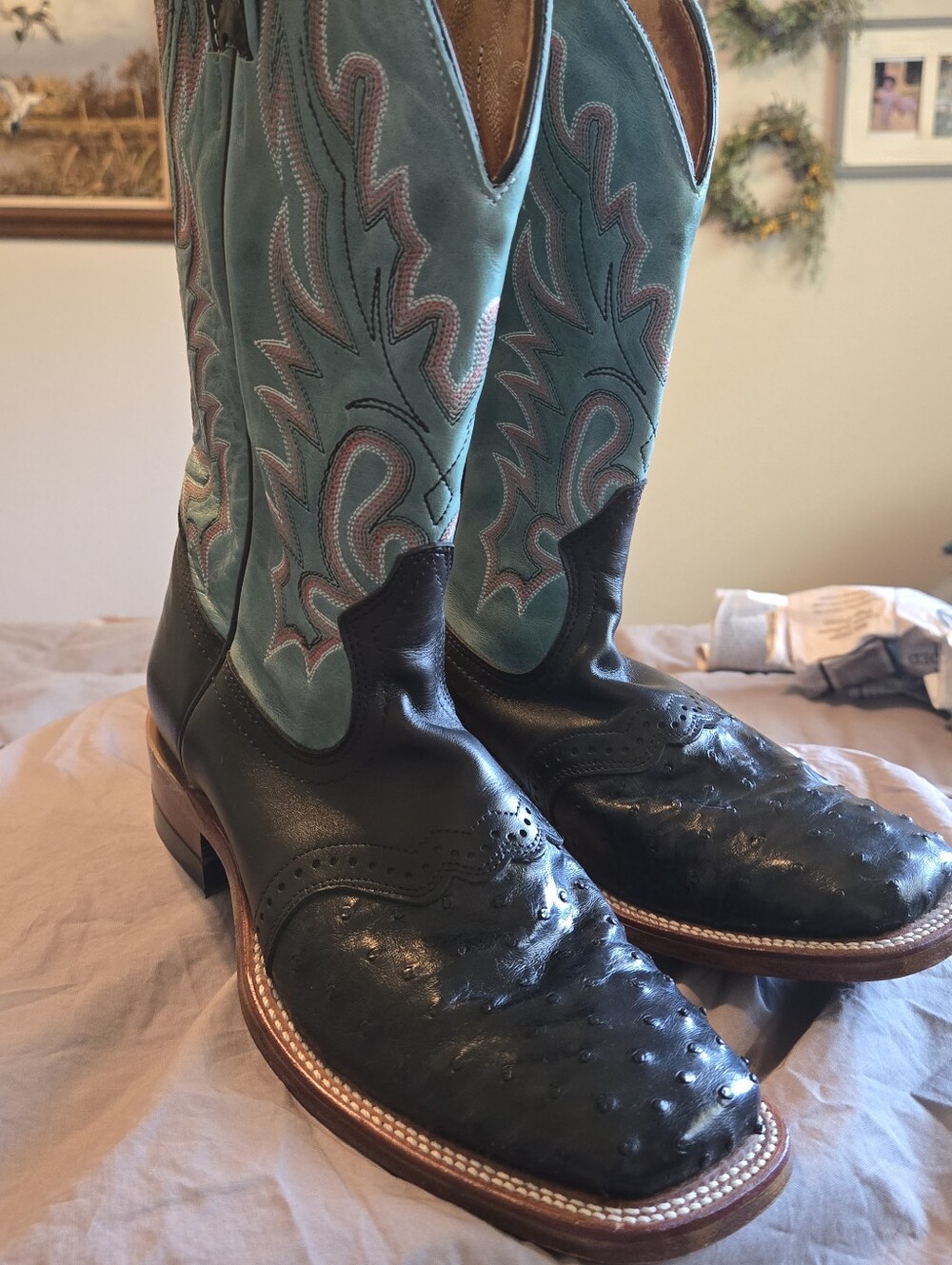 Women's Boulet Black Ostrich and Teal Cowboy Boots